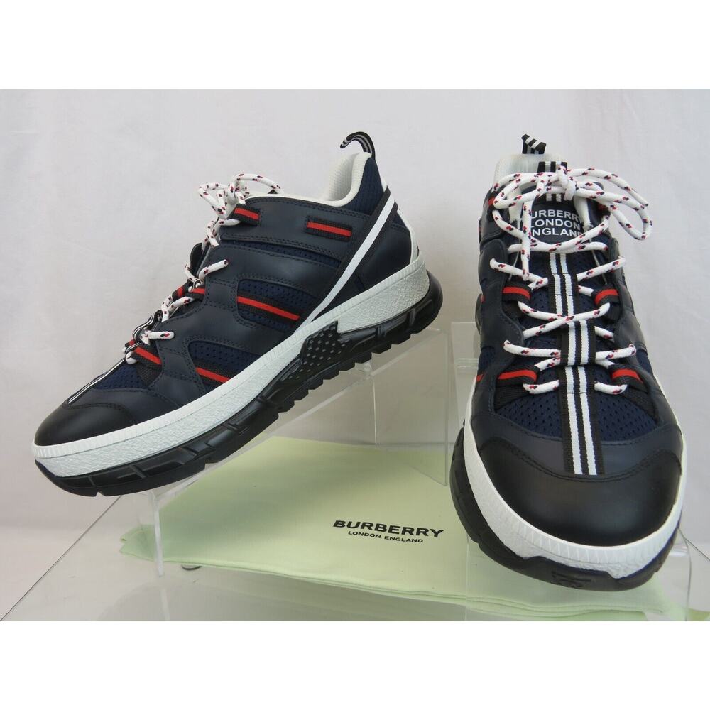 NIB BURBERRY UNION NAVY LEATHER MESH RED LOGO LOW TOP SNEAKERS 10 US 43 ITALY - Picture 9 of 12
